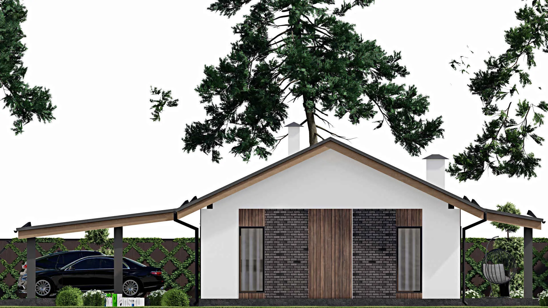 F-10709 - План одноэтажного дома 18 на 23, площадью 230 м² с террасой, гаражом на 1 машину и 3 спальнями