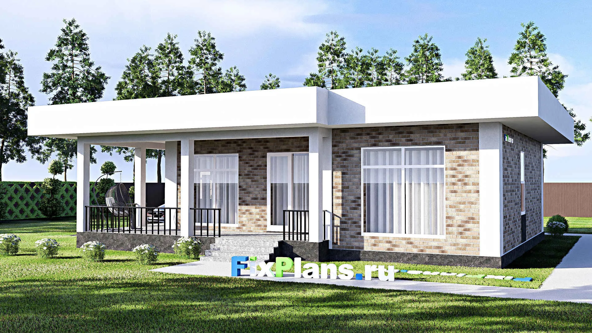 F-12446 - План одноэтажного дома 13 на 15, площадью 130 м² с террасой и 3 спальнями