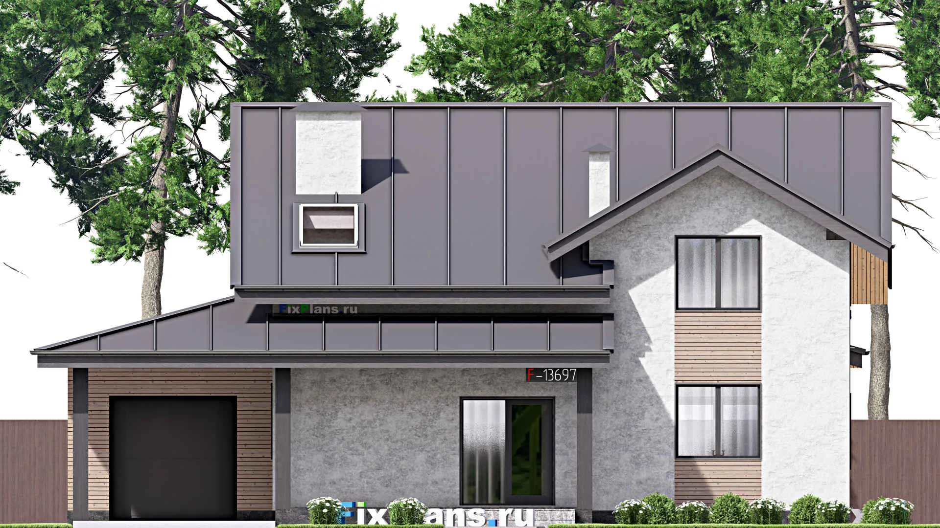 F-13697 - Проект дома с мансардой 16 на 17, площадью 280 м² с террасой, гаражом на 1 машину и 4 спальнями