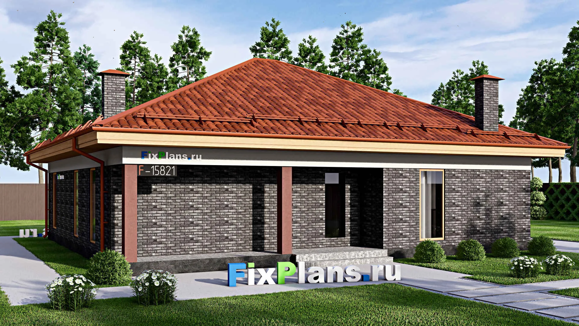 F-15821 - Проект одноэтажного дома 13 на 14, площадью 150 м² с террасой и 4 спальнями