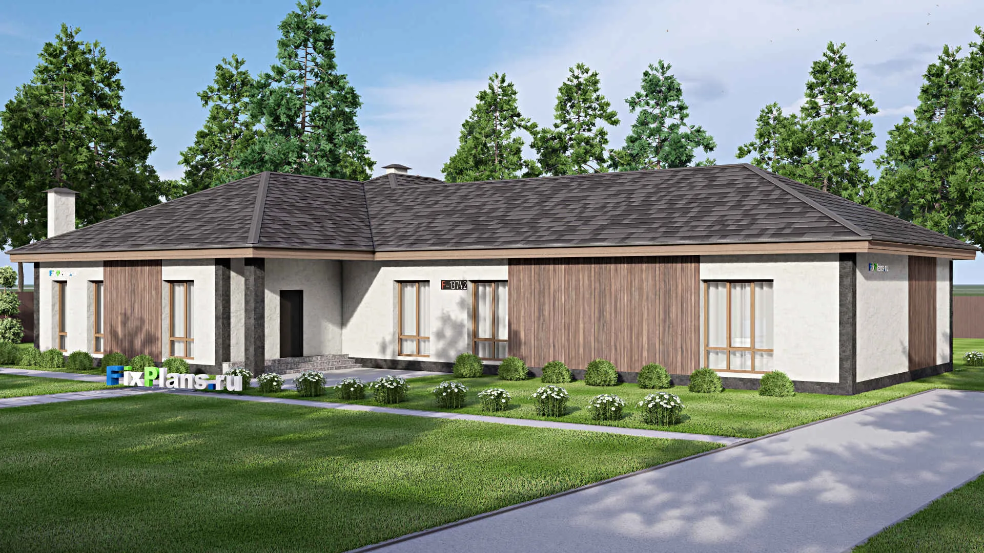 F-13742 - Проект одноэтажного дома 21 на 27, площадью 310 м² с террасой и 3 спальнями