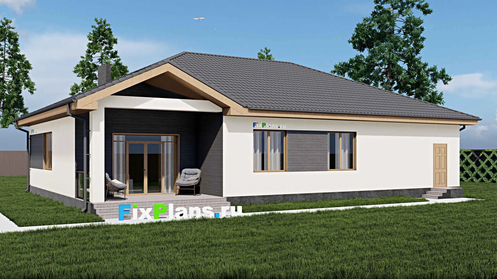 F-0242 - Проект одноэтажного дома 16 на 19, площадью 200 м² с террасой, гаражом на 2 машины и 3 спальнями