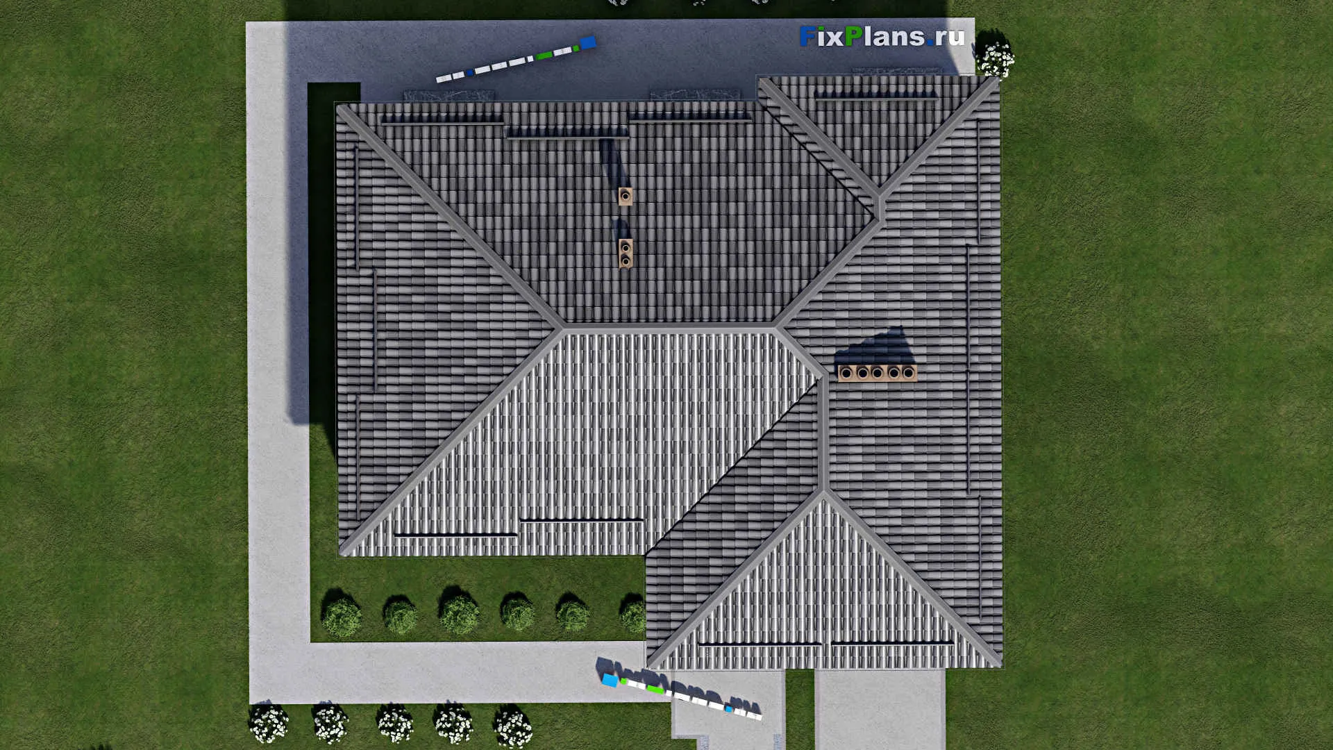 F-2762 - План одноэтажного дома 14 на 16, площадью 140 м² с террасой, гаражом на 1 машину и 3 спальнями