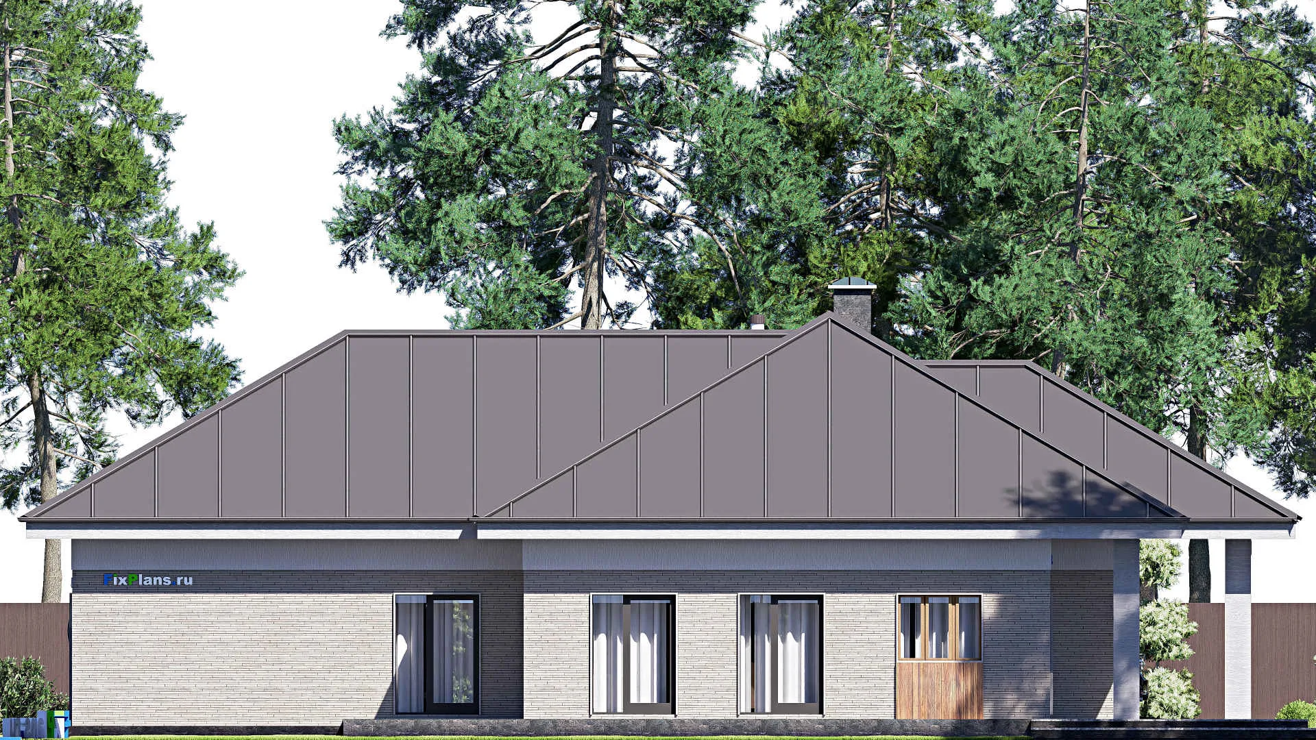 F-20402 - План одноэтажного дома 16 на 22, площадью 270 м² с террасой, гаражом на 1 машину и 3 спальнями