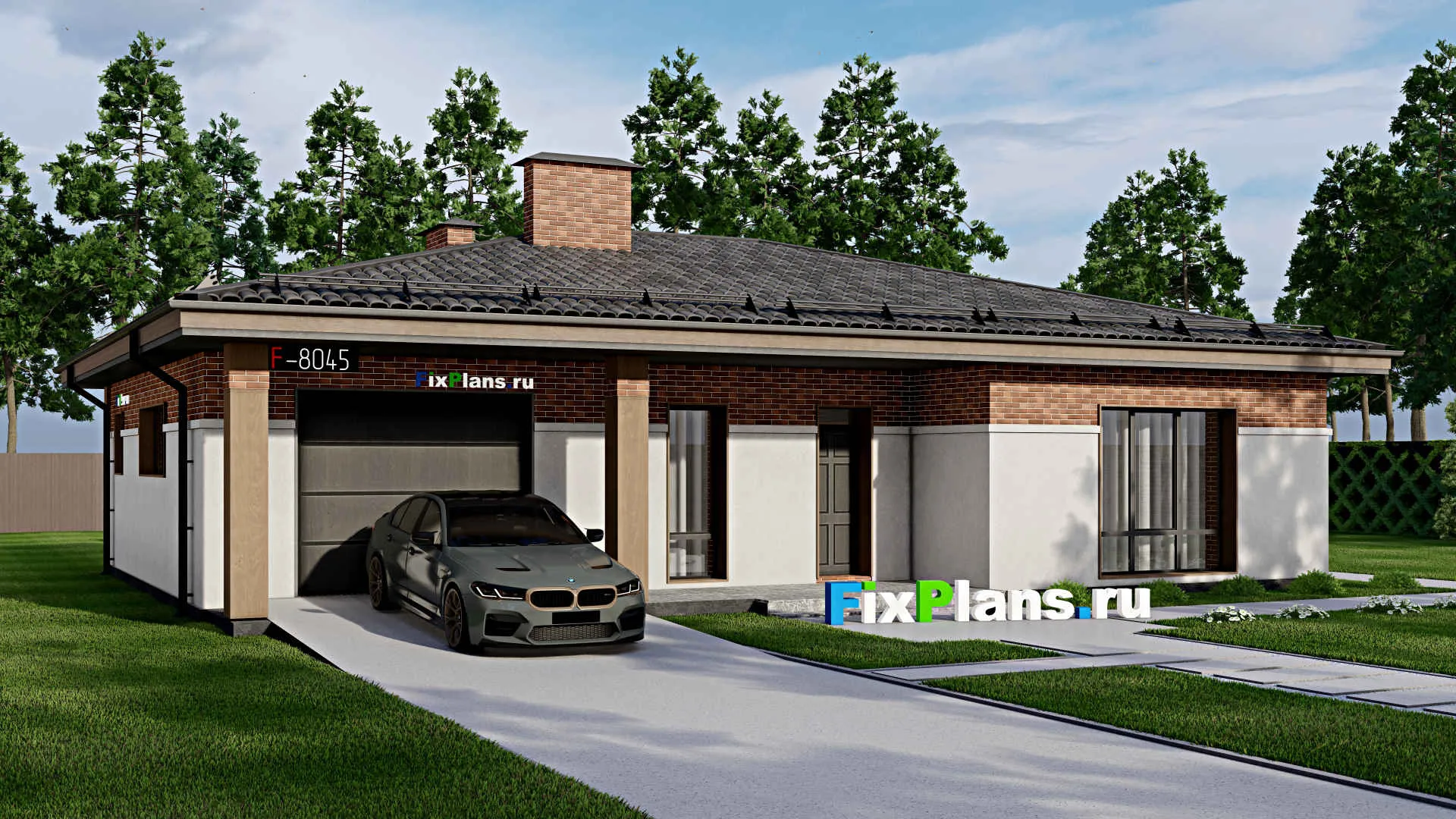 F-8045 - Проект одноэтажного дома 13 на 16, площадью 170 м² с террасой, гаражом на 1 машину и 3 спальнями