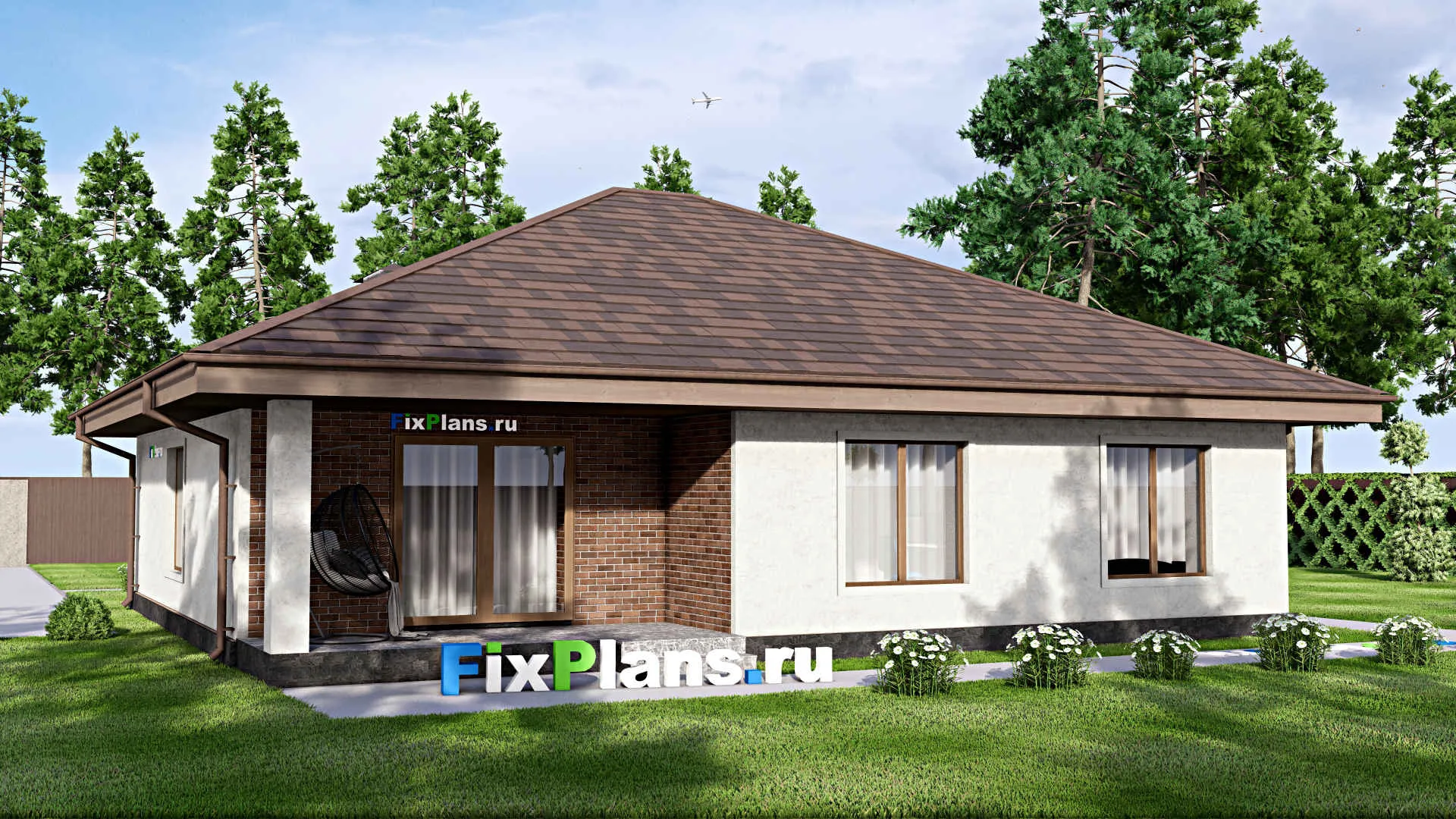 F-13679 - План одноэтажного дома 13 на 14, площадью 140 м² с террасой и 3 спальнями