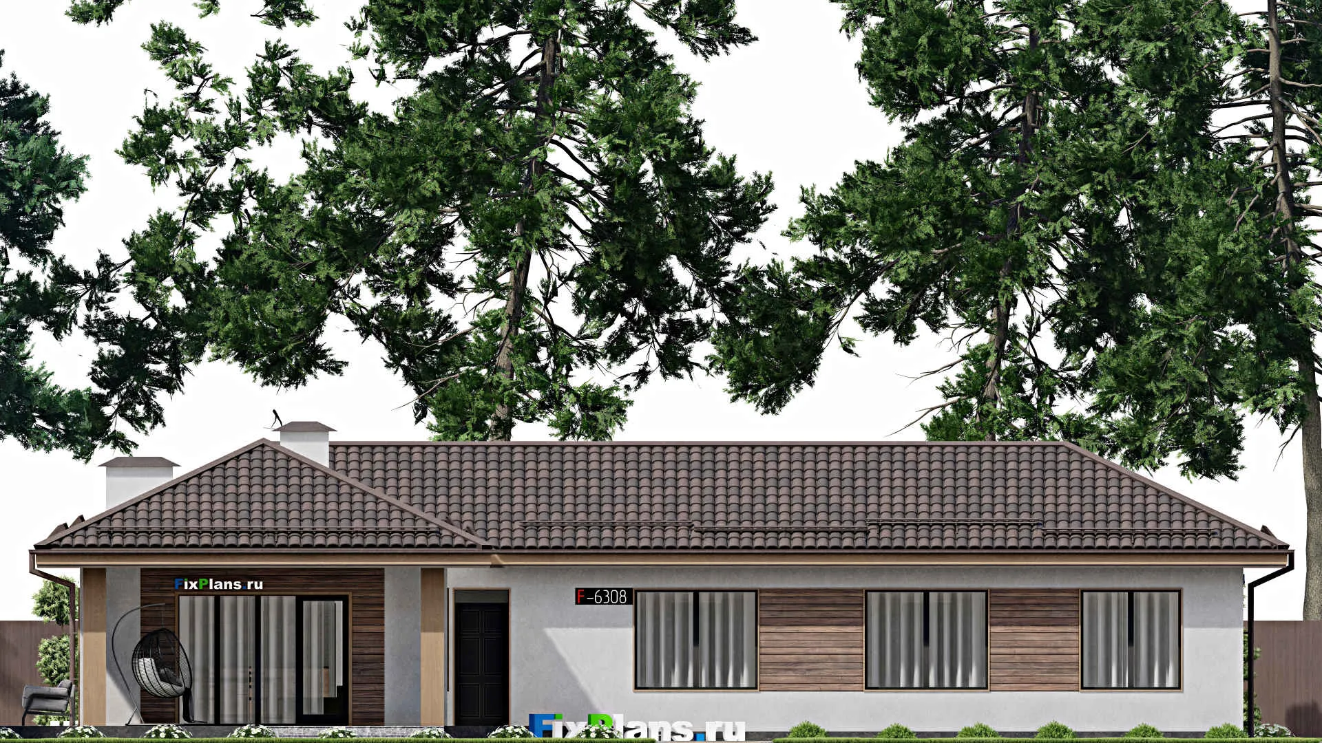 F-6308 - План одноэтажного дома 15 на 21, площадью 190 м² с террасой и 4 спальнями