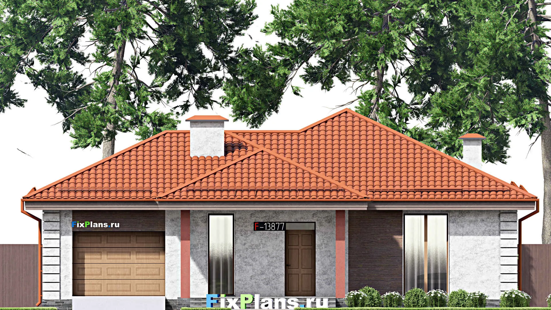 F-13877 - План одноэтажного дома 16 на 16, площадью 170 м² с террасой, гаражом на 1 машину и 3 спальнями