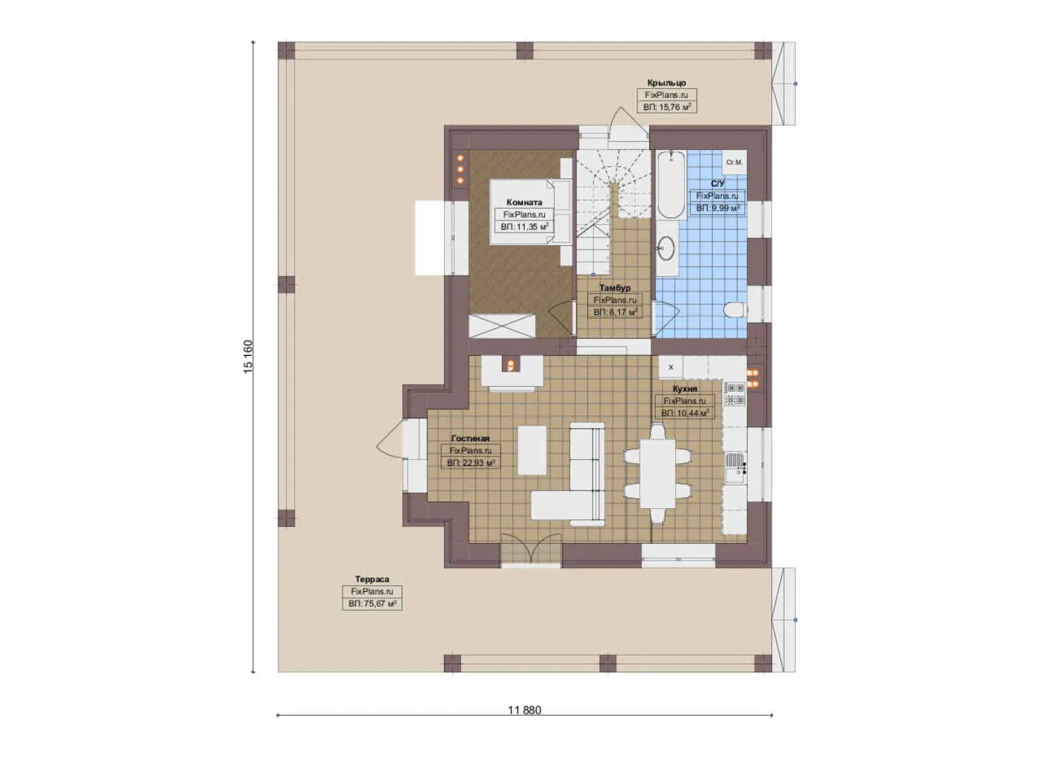 F-18980 - Планы дома с мансардой 12 на 16, площадью 230 м² с террасой, цокольным этажом и 3 спальнями