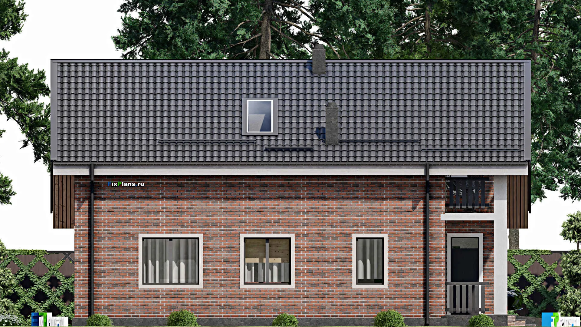 F-3059 - Планы дома с мансардой 9 на 14, площадью 150 м² с балконом, гаражом на 1 машину и 3 спальнями