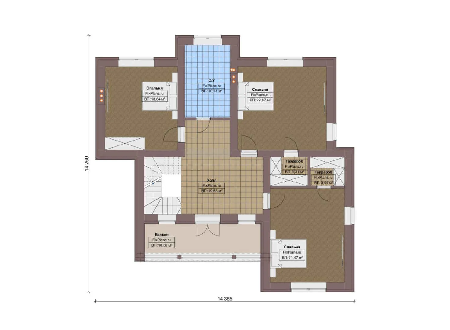 F-20726 - Планы двухэтажного дома 15 на 17, площадью 280 м² с террасой, балконом и 4 спальнями