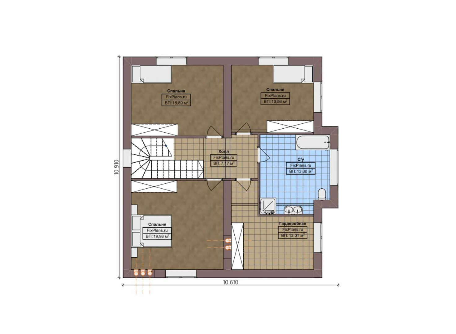 F-4517 - Планы двухэтажного дома 11 на 11, площадью 200 м² с террасой и 4 спальнями