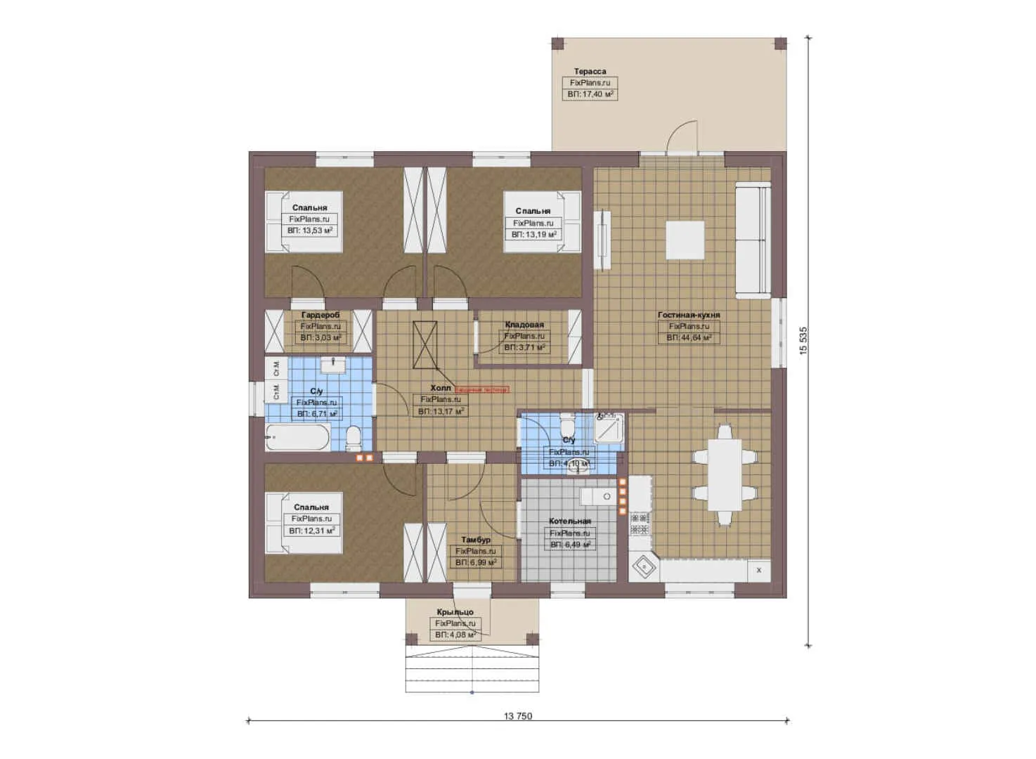 F-14210 - План одноэтажного дома 14 на 16, площадью 150 м² с террасой и 3 спальнями