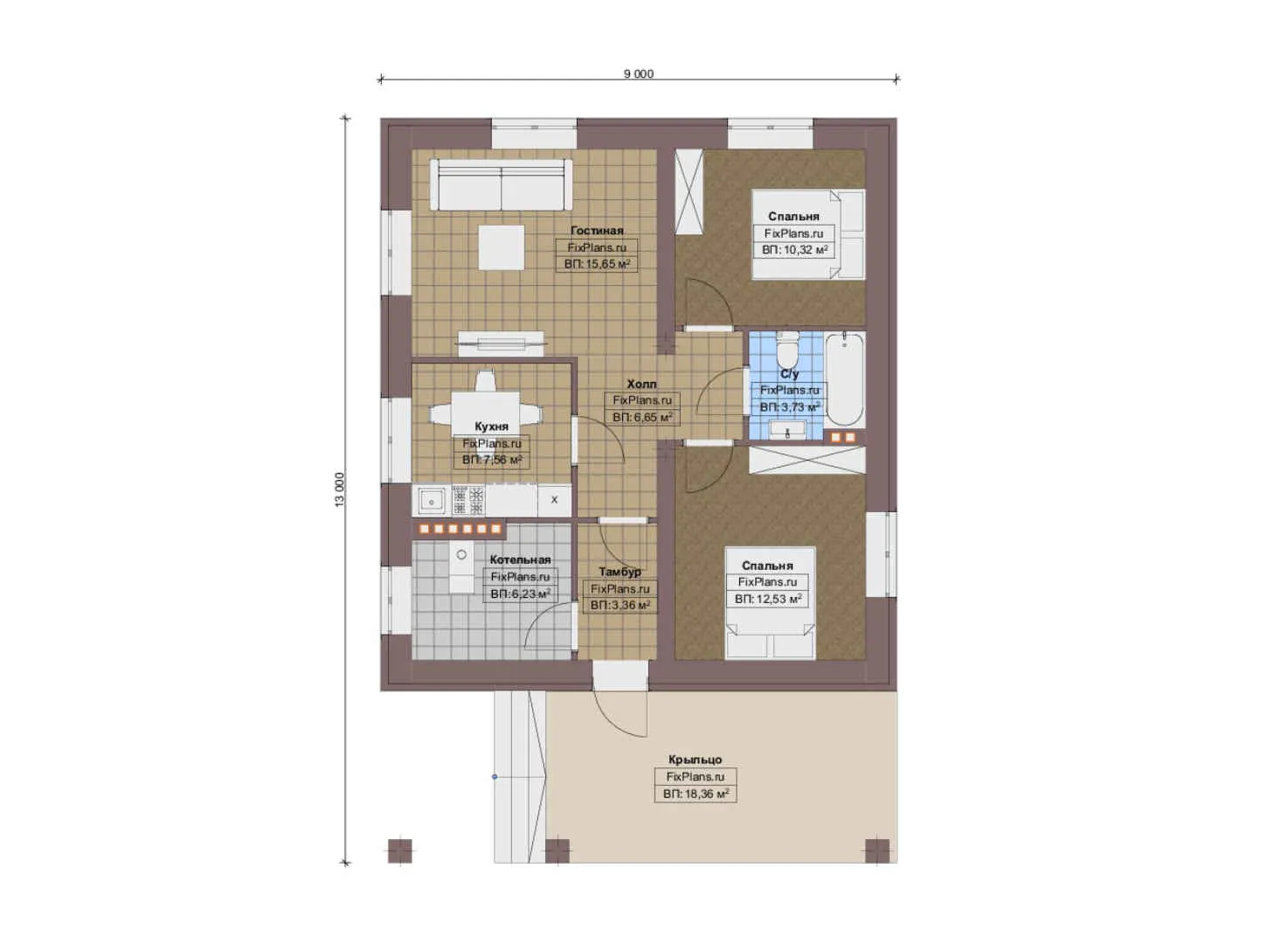 F-14750 - План одноэтажного дома 9 на 13, площадью 90 м² с 2 спальнями