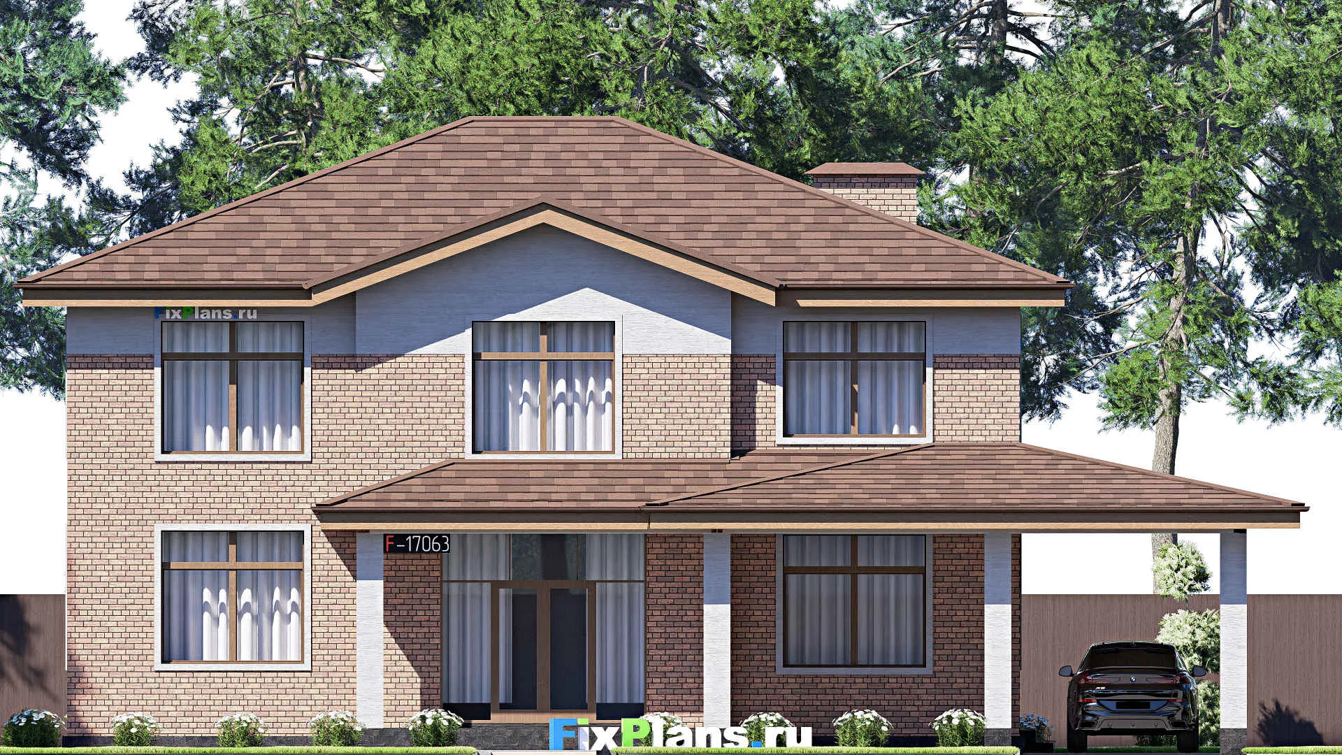 F-17063 - Планы двухэтажного дома 18 на 18, площадью 290 м² с террасой, балконом и 5 спальнями