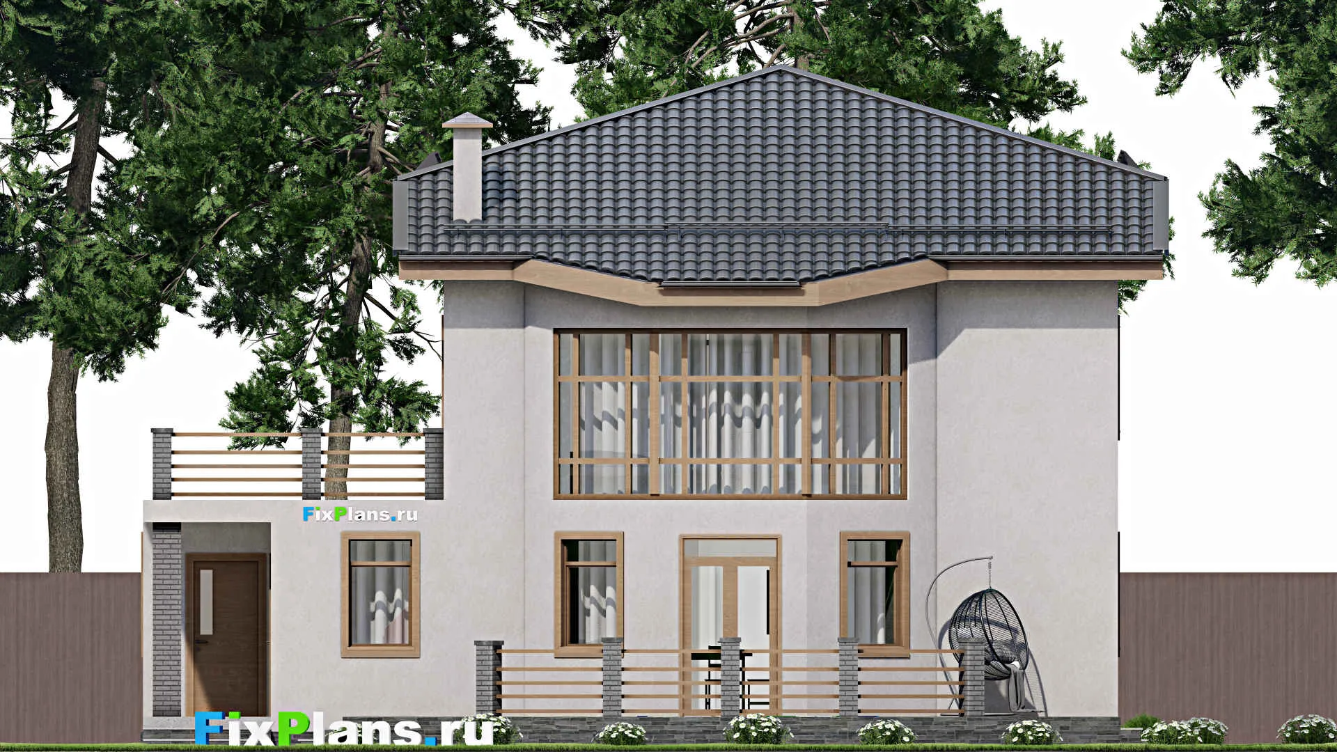 F-2699 - Планы двухэтажного дома 14 на 14, площадью 300 м² с террасой, балконом, гаражом на 1 машину, бассейном и 4 спальнями