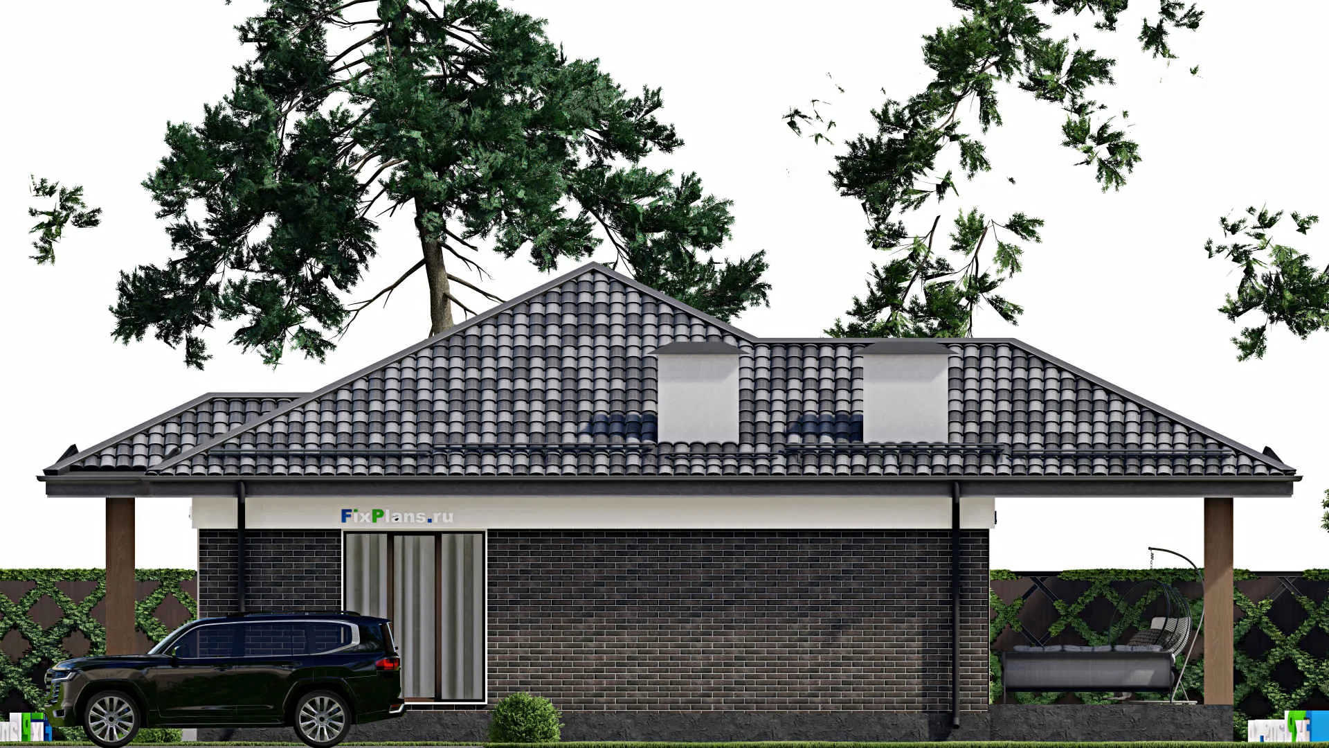 F-6965 - Проект одноэтажного дома 11 на 13, площадью 130 м² с террасой и 2 спальнями