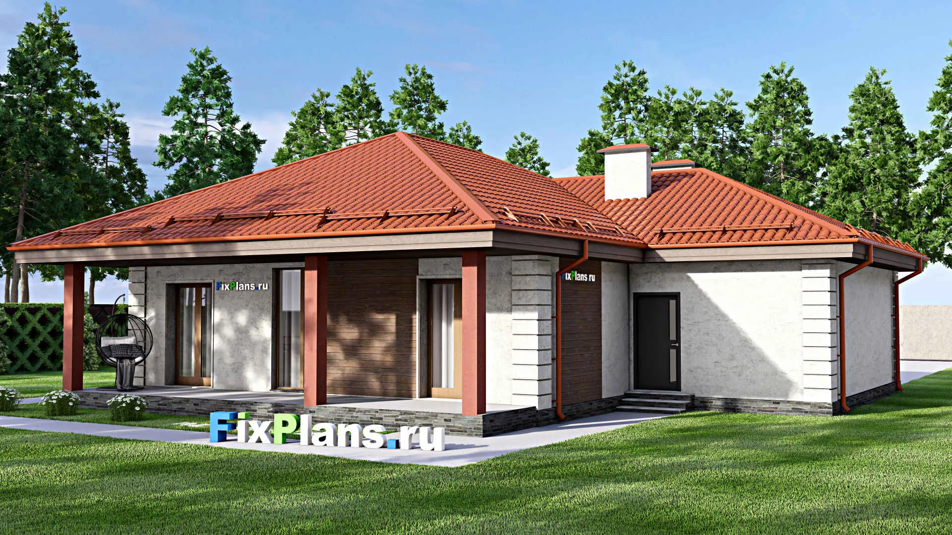 F-13877 - План одноэтажного дома 16 на 16, площадью 170 м² с террасой, гаражом на 1 машину и 3 спальнями