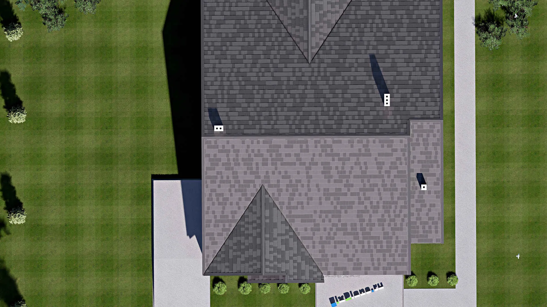 F-16253 - План одноэтажного дома 17 на 21, площадью 500 м² с террасой, гаражом на 2 машины и 3 спальнями