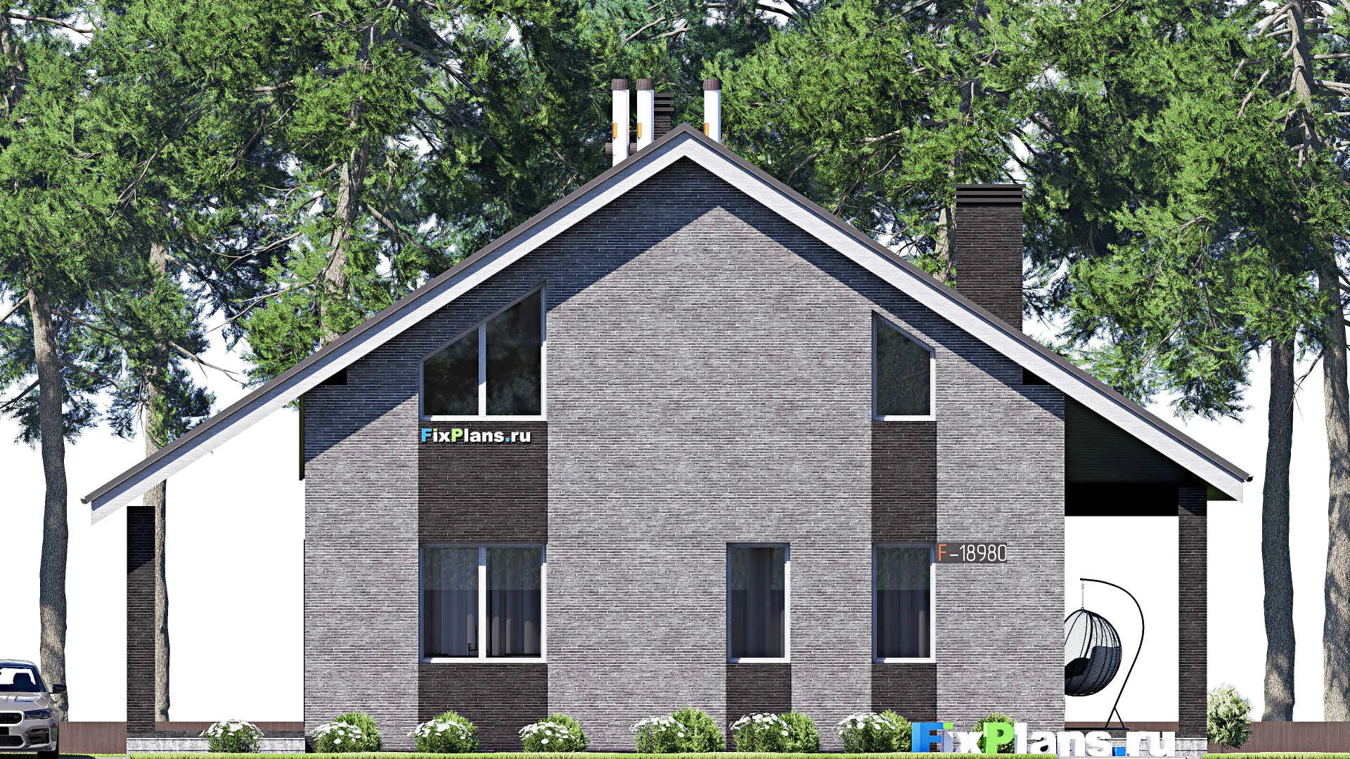 F-18980 - Планы дома с мансардой 12 на 16, площадью 230 м² с террасой, цокольным этажом и 3 спальнями