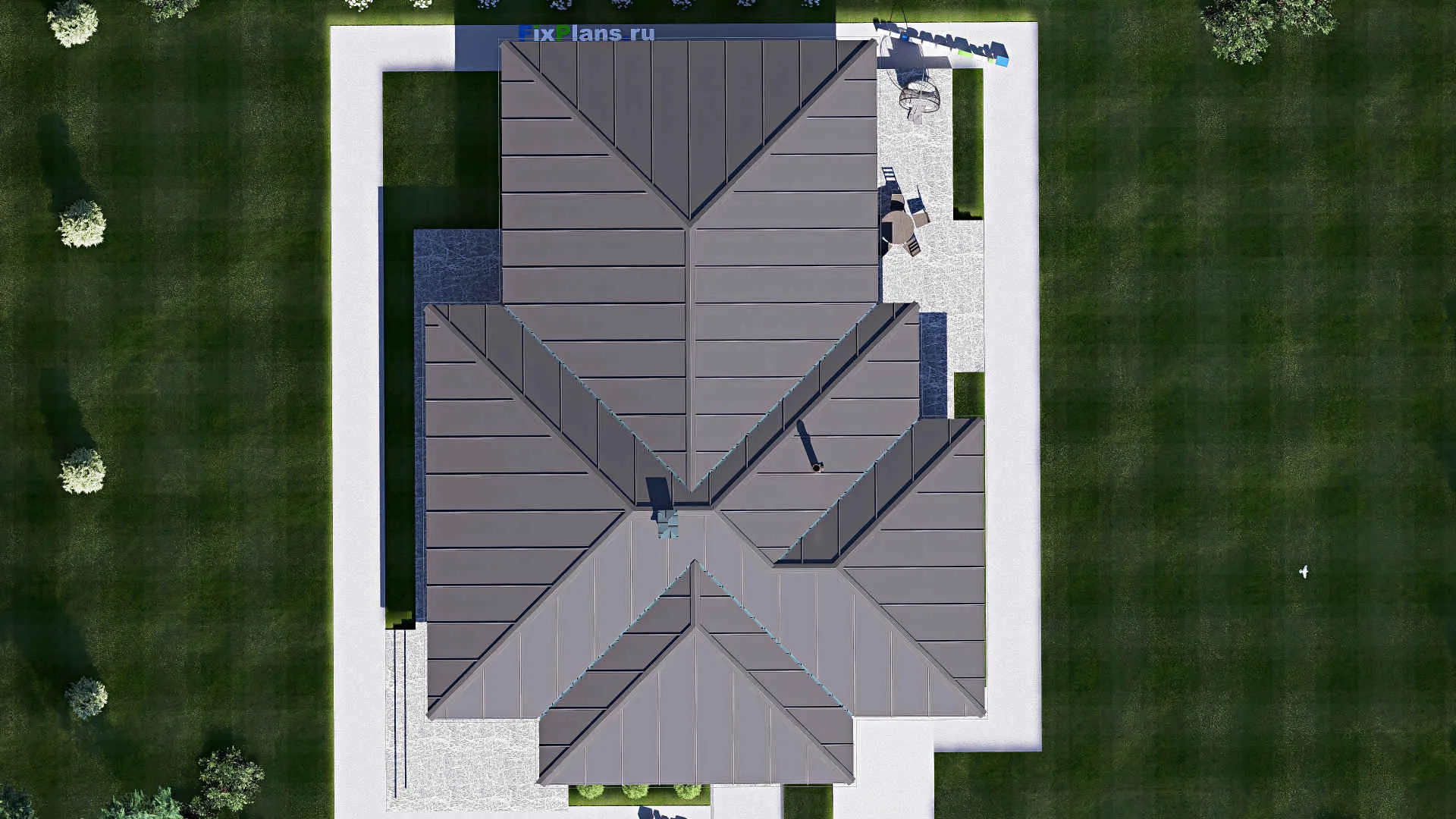 F-20402 - План одноэтажного дома 16 на 22, площадью 270 м² с террасой, гаражом на 1 машину и 3 спальнями