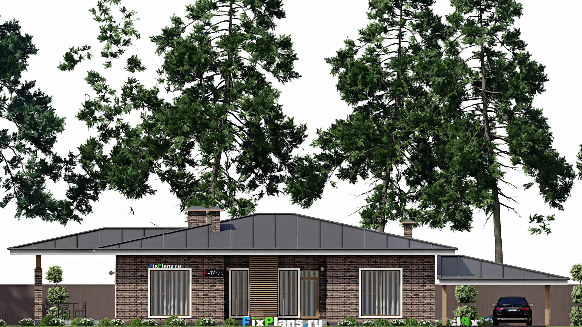 F-12329 - Проект одноэтажного дома 14 на 26, площадью 250 м² с террасой и 3 спальнями