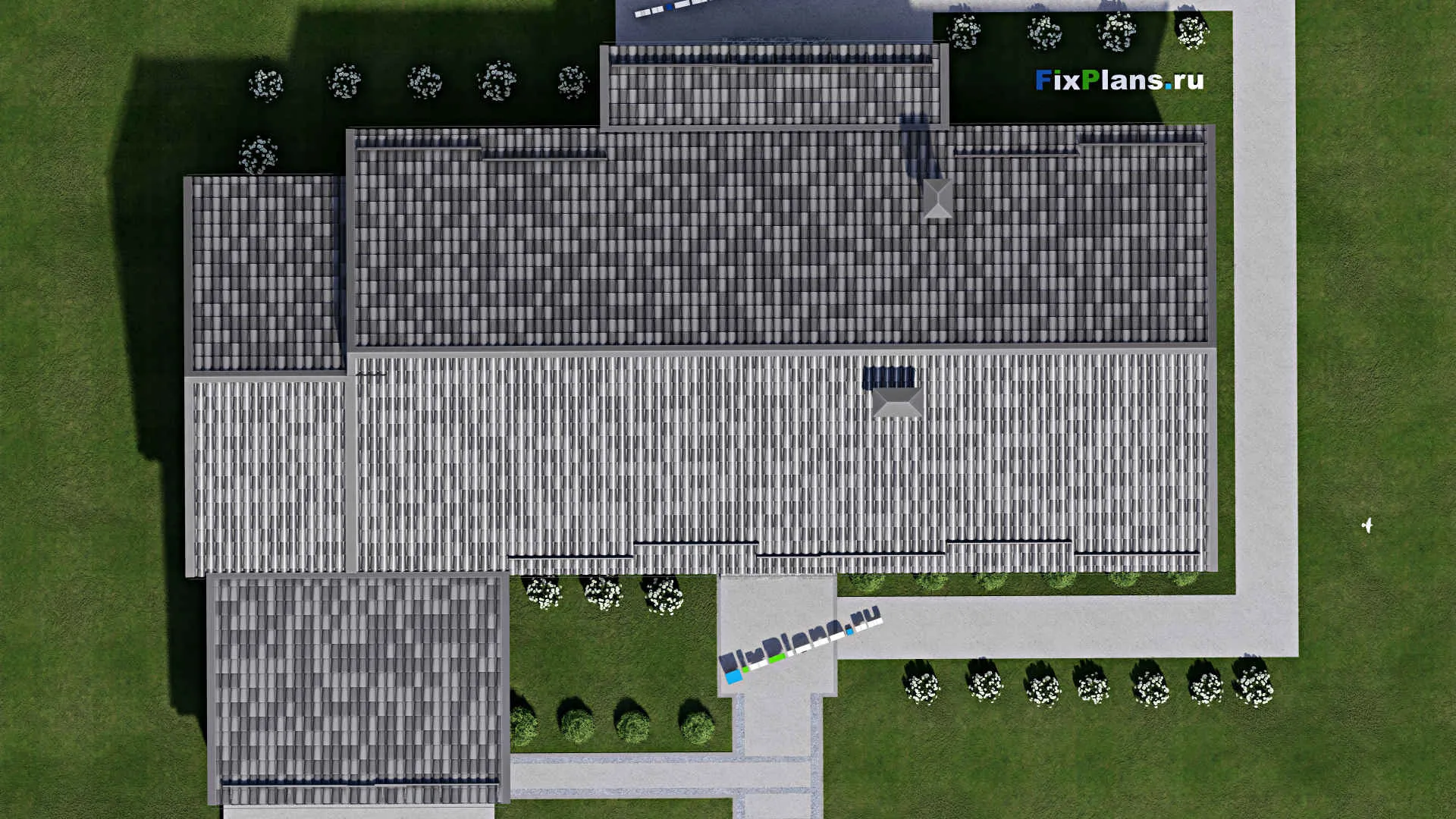 F-10709 - План одноэтажного дома 18 на 23, площадью 230 м² с террасой, гаражом на 1 машину и 3 спальнями