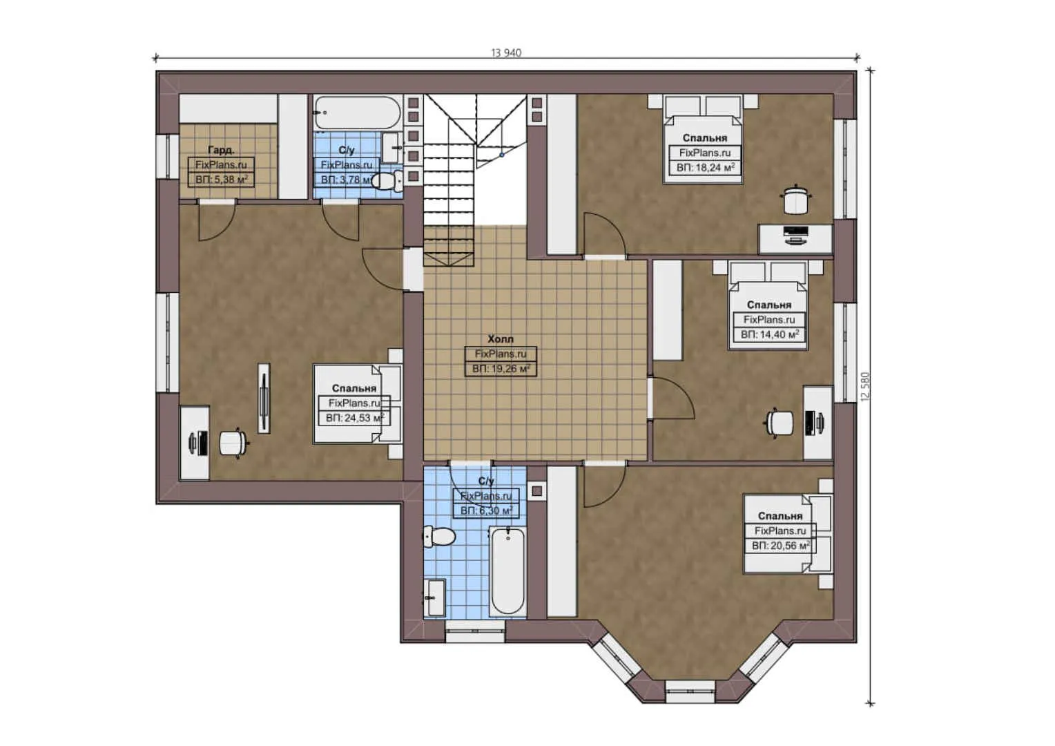 F-1736 - Планы двухэтажного дома 13 на 14, площадью 260 м² с террасой и 5 спальнями