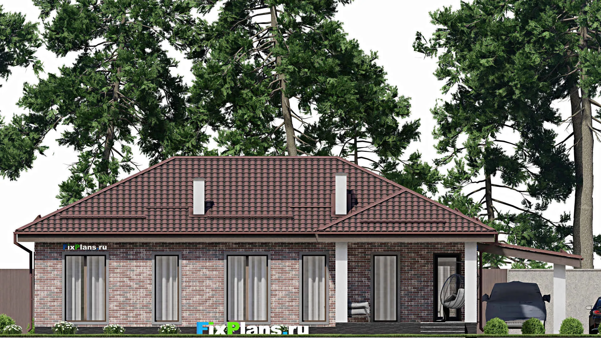 F-1610 - План одноэтажного дома 10 на 16, площадью 140 м² с террасой и 3 спальнями