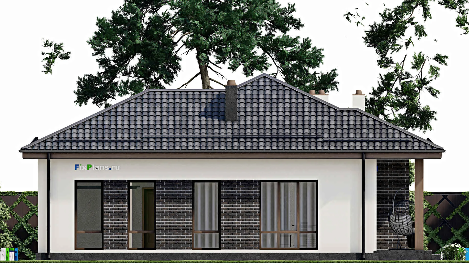 F-2762 - План одноэтажного дома 14 на 16, площадью 140 м² с террасой, гаражом на 1 машину и 3 спальнями