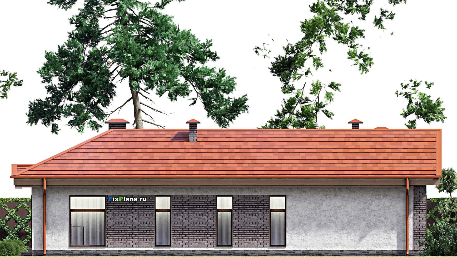 F-13895 - План одноэтажного дома 16 на 22, площадью 250 м² с террасой, баней и 3 спальнями