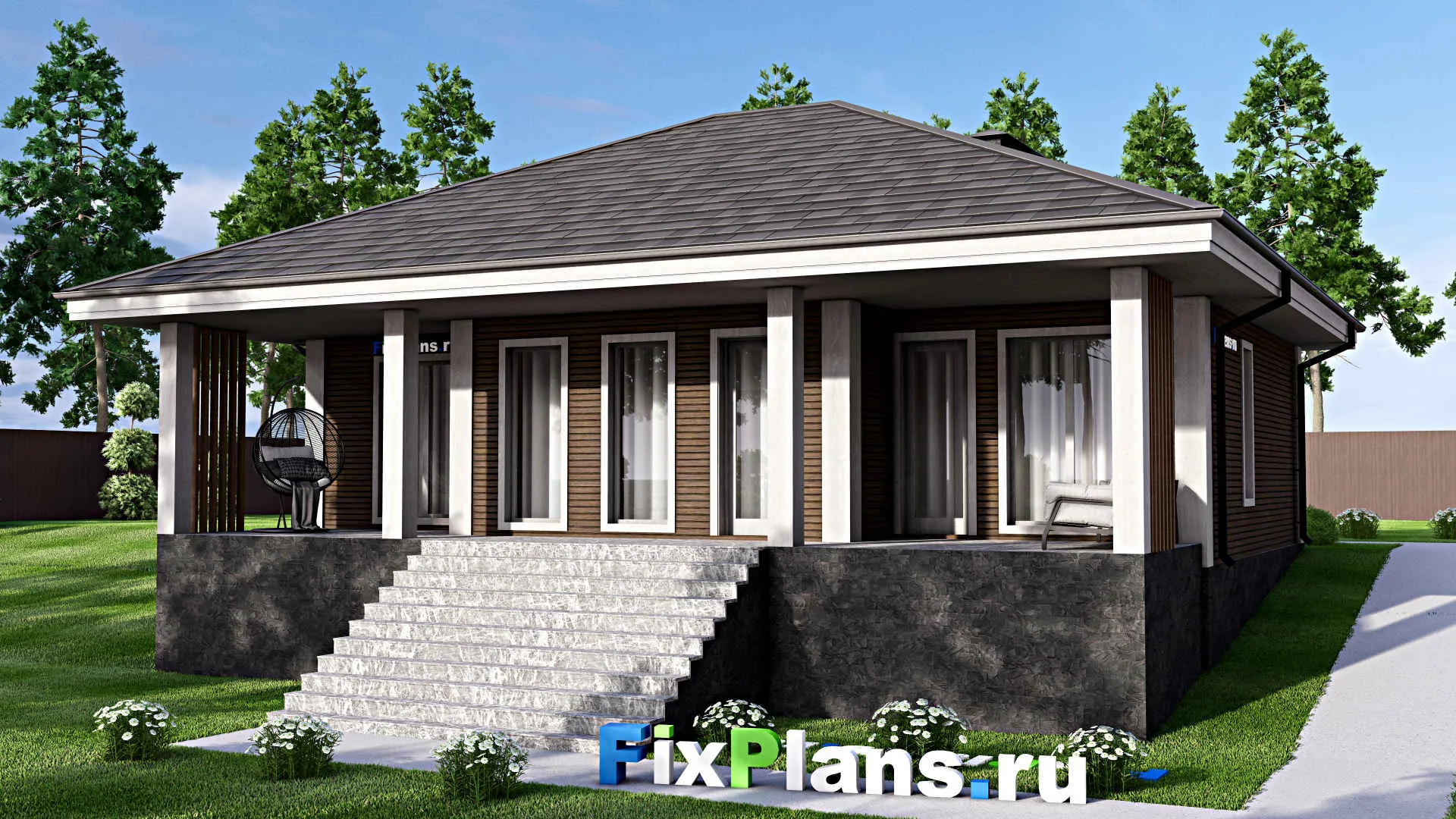 F-14678 - План одноэтажного дома 13 на 14, площадью 130 м² с террасой и 3 спальнями