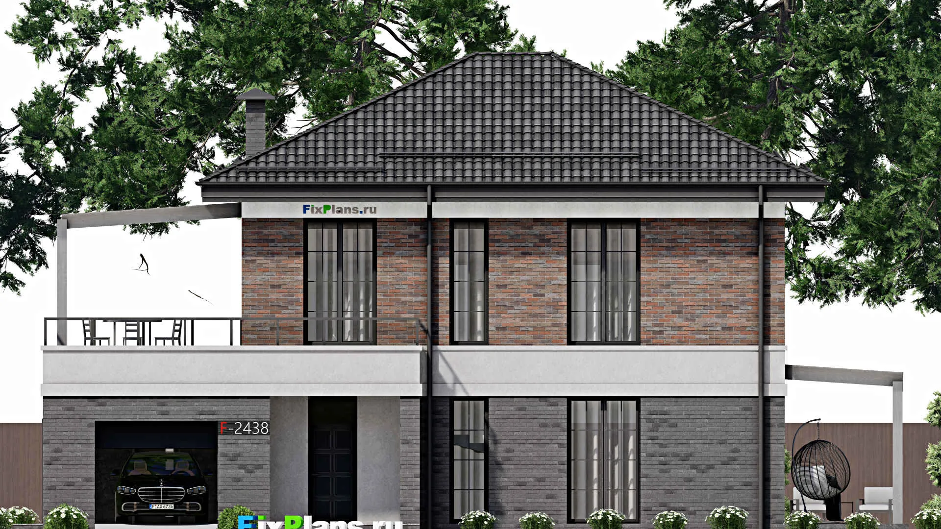 F-2438 - Планы двухэтажного дома 12 на 16, площадью 250 м² с террасой, балконом, гаражом на 1 машину и 4 спальнями