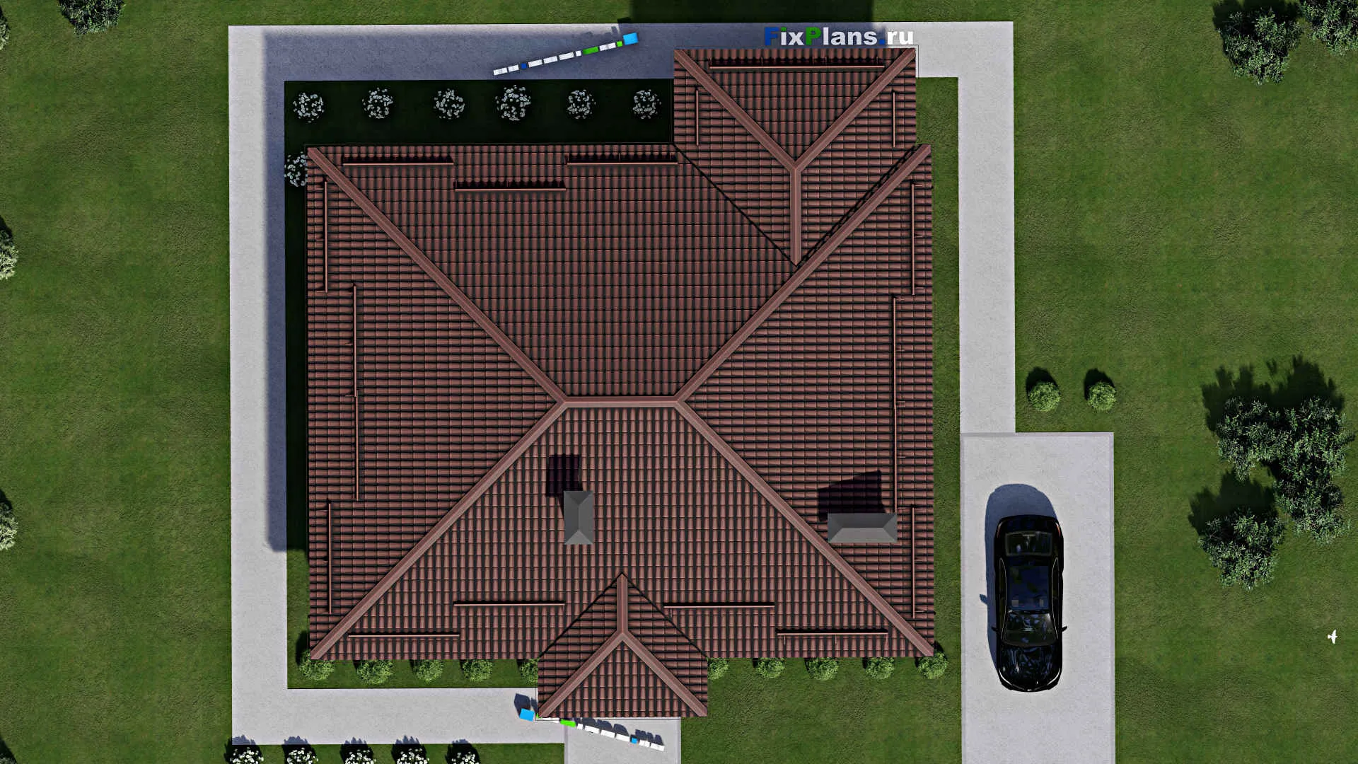 F-2519 - План одноэтажного дома 13 на 16, площадью 170 м² с террасой и 4 спальнями