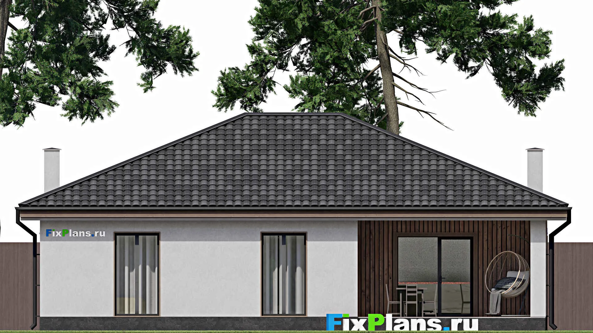 F-1457 - План одноэтажного дома 11 на 14, площадью 120 м² с террасой и 3 спальнями