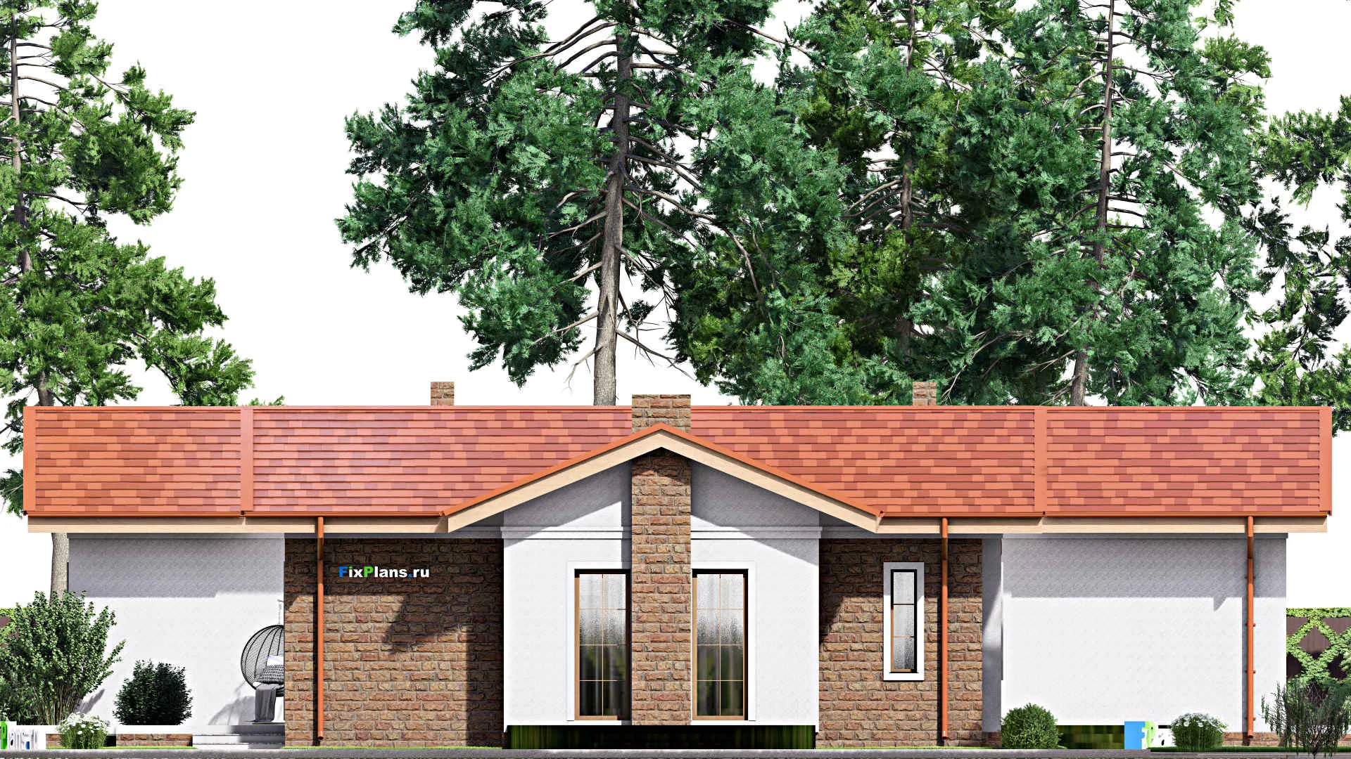 F-15893 - Проект одноэтажного дома 21 на 23, площадью 300 м² с террасой, гаражом на 1 машину и 3 спальнями