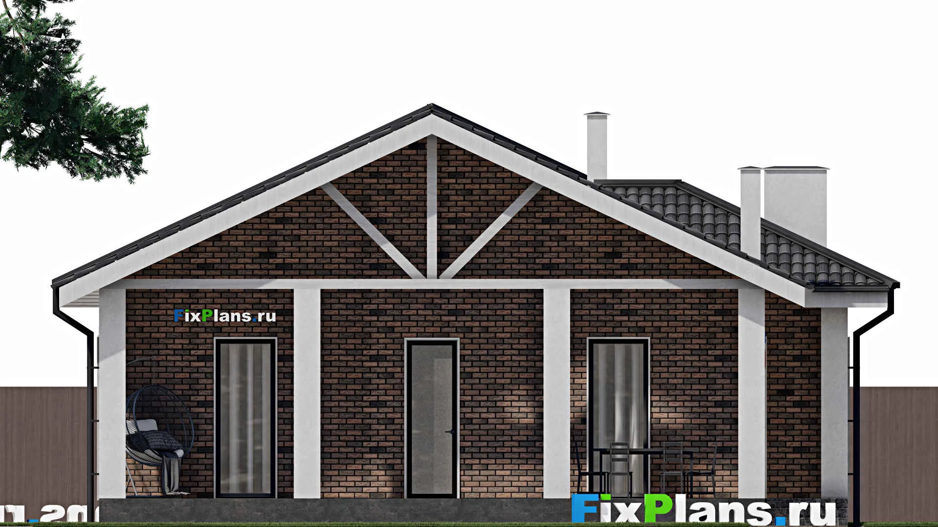 F-1277 - План одноэтажного дома 11 на 12, площадью 120 м² с террасой и 3 спальнями