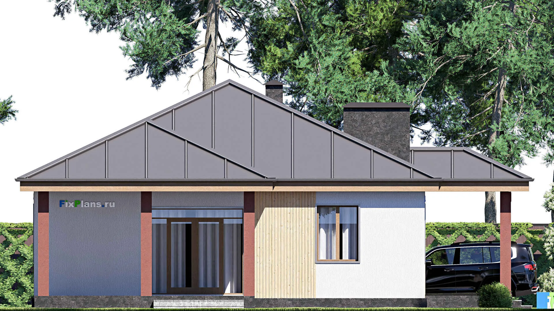 F-18539 - Проект одноэтажного дома 14 на 17, площадью 150 м² с террасой и 3 спальнями