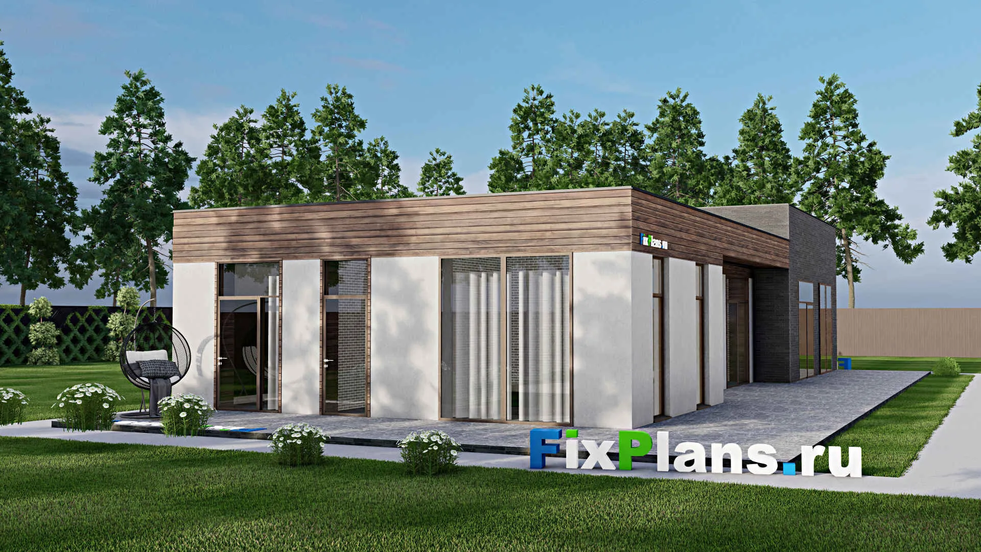 F-6065 - Проект одноэтажного дома 16 на 23, площадью 330 м² с террасой, гаражом на 2 машины и 4 спальнями