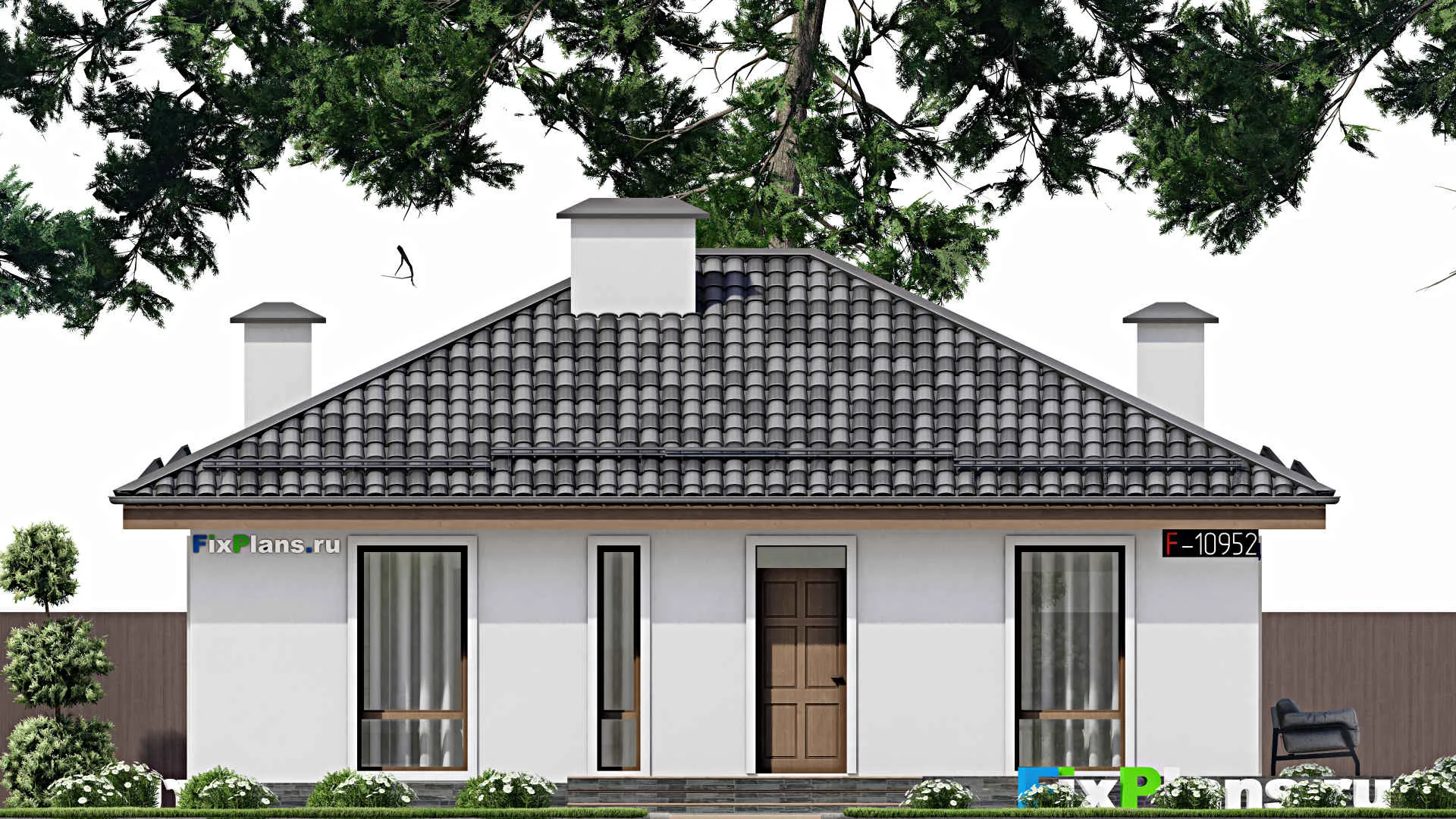 F-10952 - План одноэтажного дома 12 на 16, площадью 140 м² с террасой и 3 спальнями