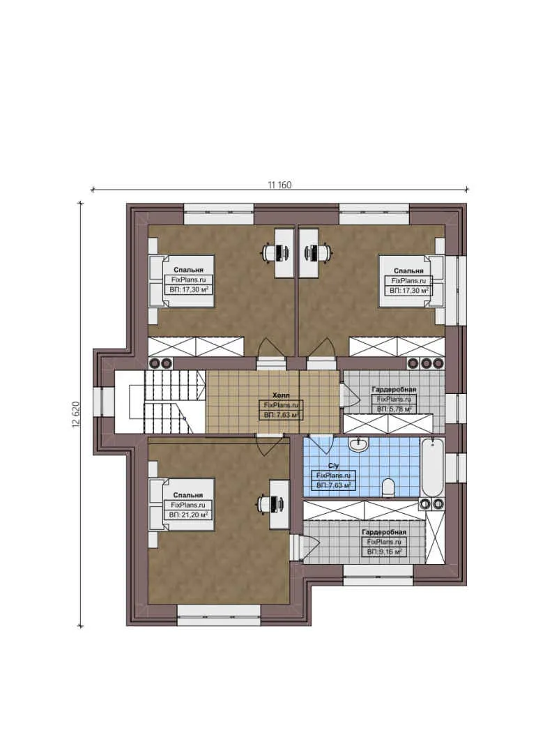 F-2942 - Планы двухэтажного дома 12 на 13, площадью 200 м² с террасой и 4 спальнями