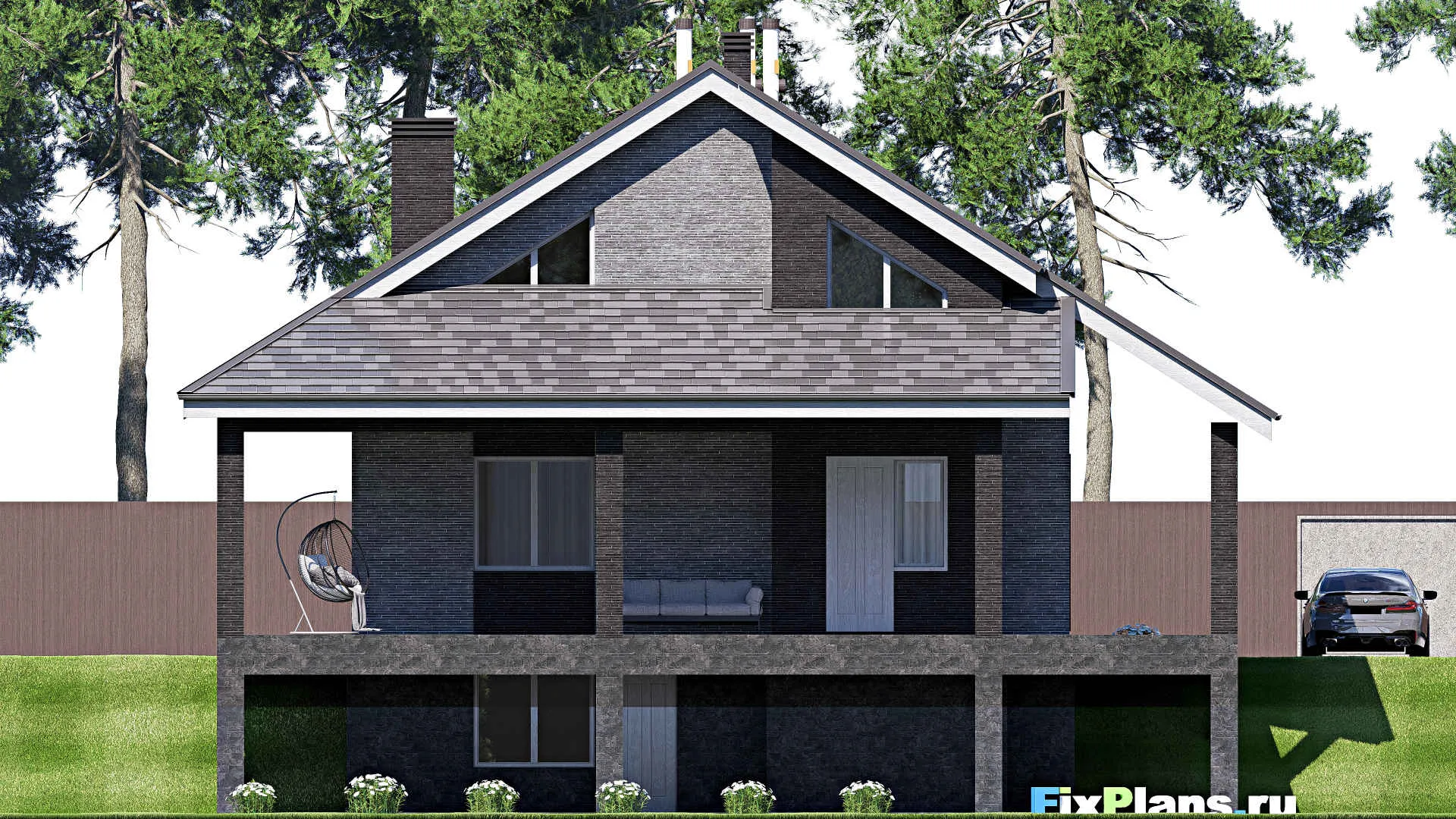 F-18980 - Планы дома с мансардой 12 на 16, площадью 230 м² с террасой, цокольным этажом и 3 спальнями