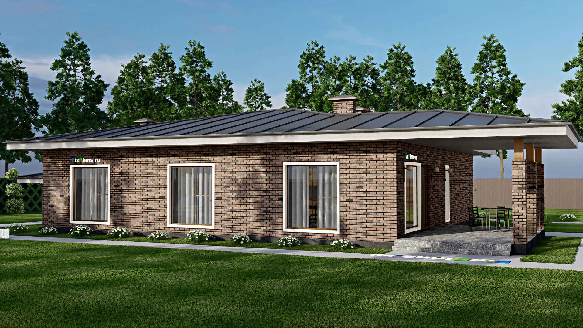 F-12329 - Проект одноэтажного дома 14 на 26, площадью 250 м² с террасой и 3 спальнями