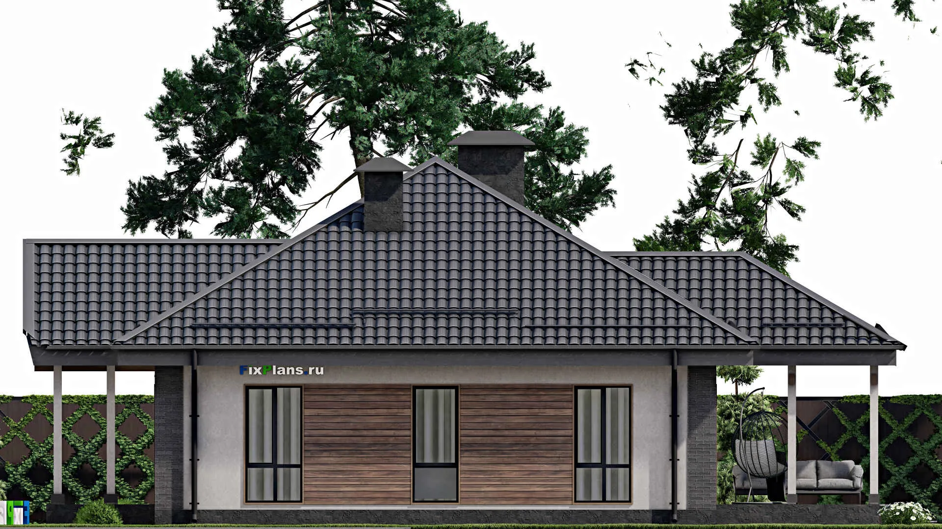 F-5525 - Проект одноэтажного дома 11 на 14, площадью 130 м² с террасой и 3 спальнями