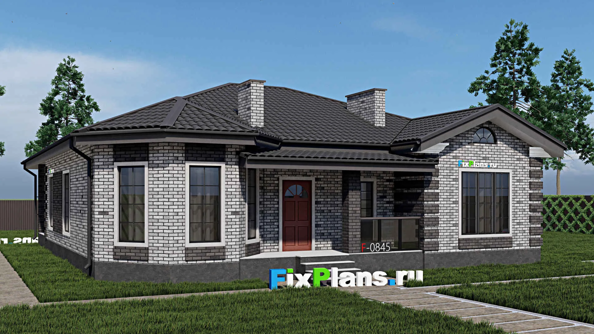 F-0845i - Проект одноэтажного дома 14 на 14, площадью 160 м² с террасой и 3 спальнями