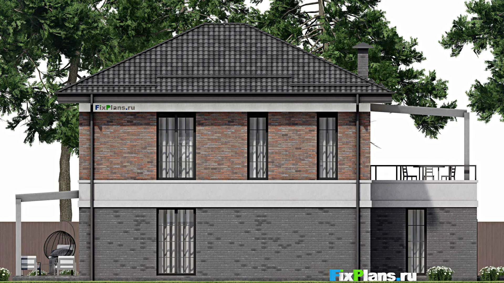 F-2438 - Планы двухэтажного дома 12 на 16, площадью 250 м² с террасой, балконом, гаражом на 1 машину и 4 спальнями