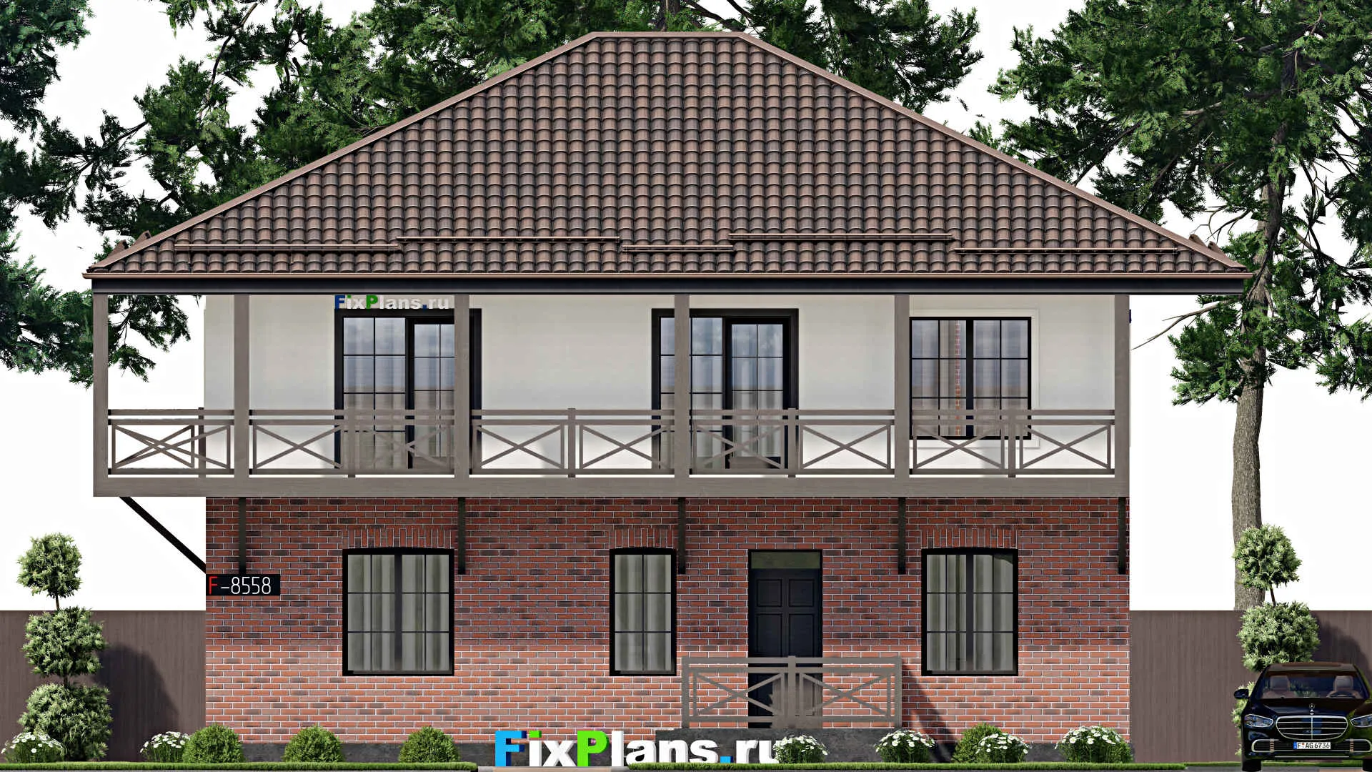 F-8558 - Проект двухэтажного дома 13 на 14, площадью 270 м² с террасой, балконом и 5 спальнями