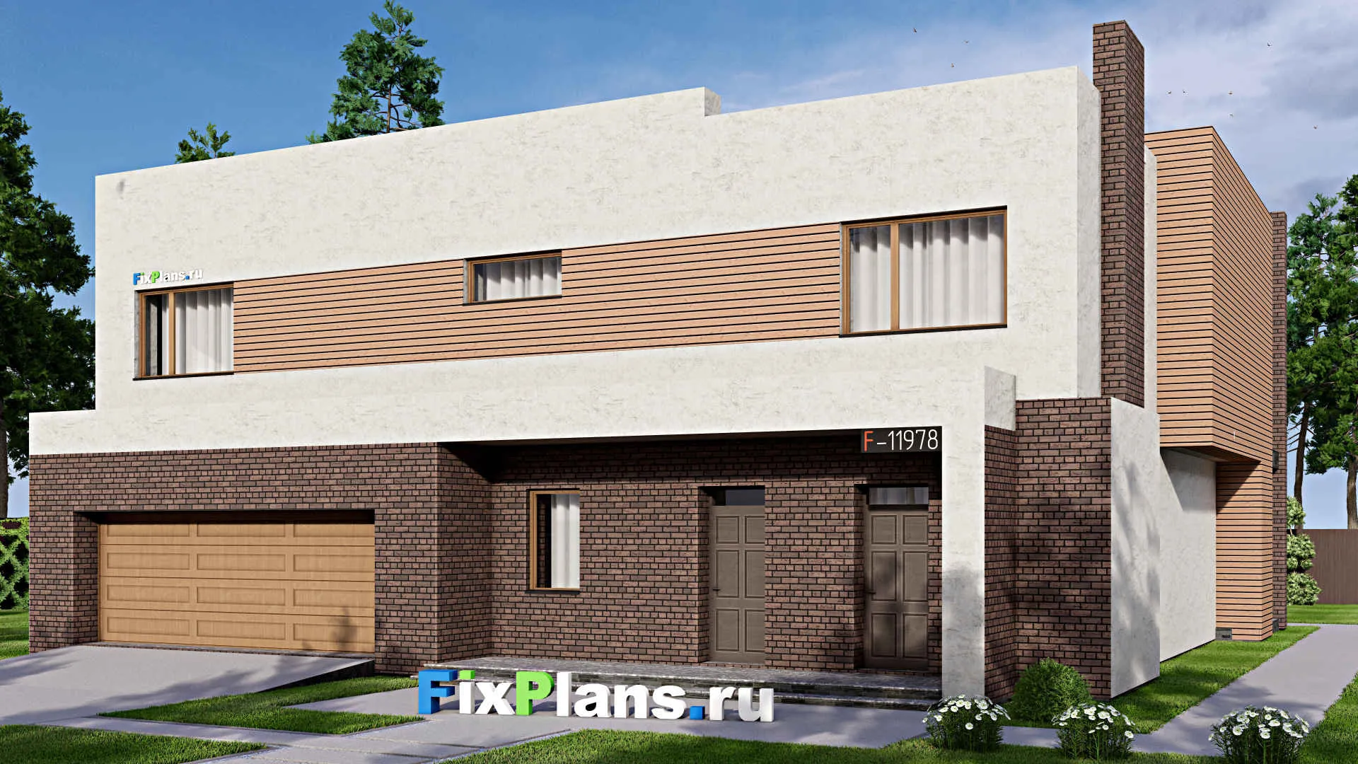 F-11978 - Проект двухэтажного дома 17 на 18, площадью 340 м² с террасой, балконом, гаражом на 2 машины и 3 спальнями