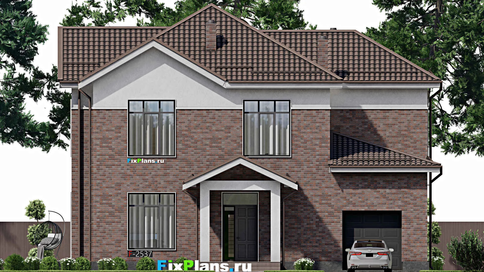 F-2537 - Планы двухэтажного дома 14 на 15, площадью 300 м² с террасой, гаражом на 1 машину и 5 спальнями