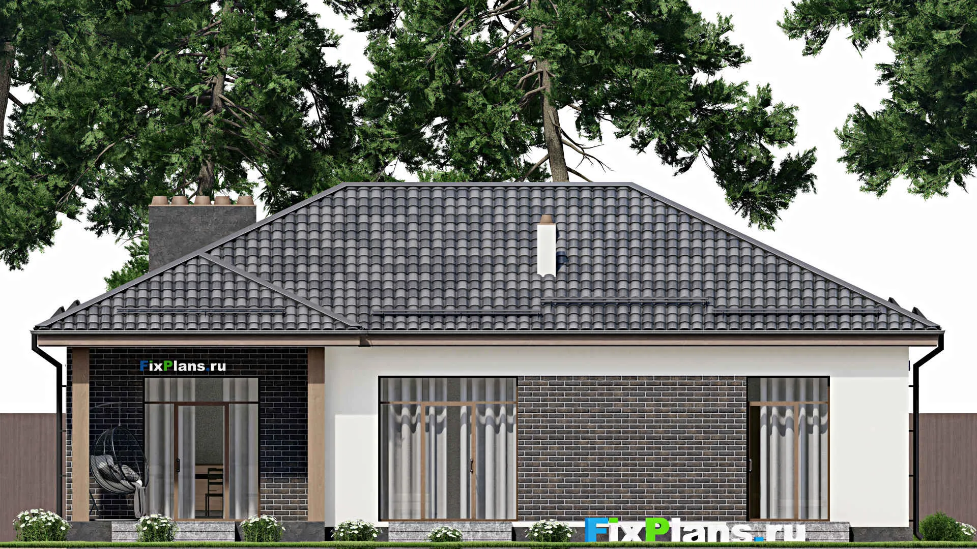 F-2762 - План одноэтажного дома 14 на 16, площадью 140 м² с террасой, гаражом на 1 машину и 3 спальнями